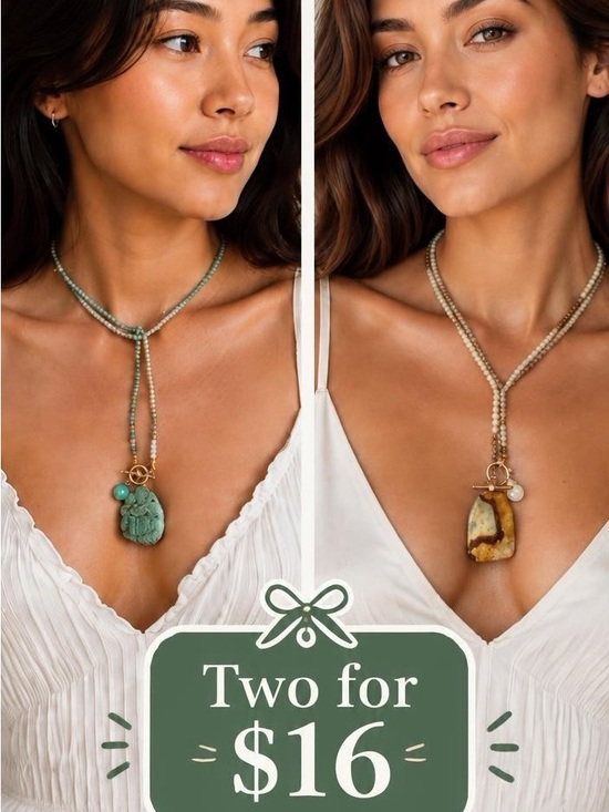 Source Unknown Jewelry - Green & Cream Stone Beaded Pendant Necklace - Boho Jewelry (2)